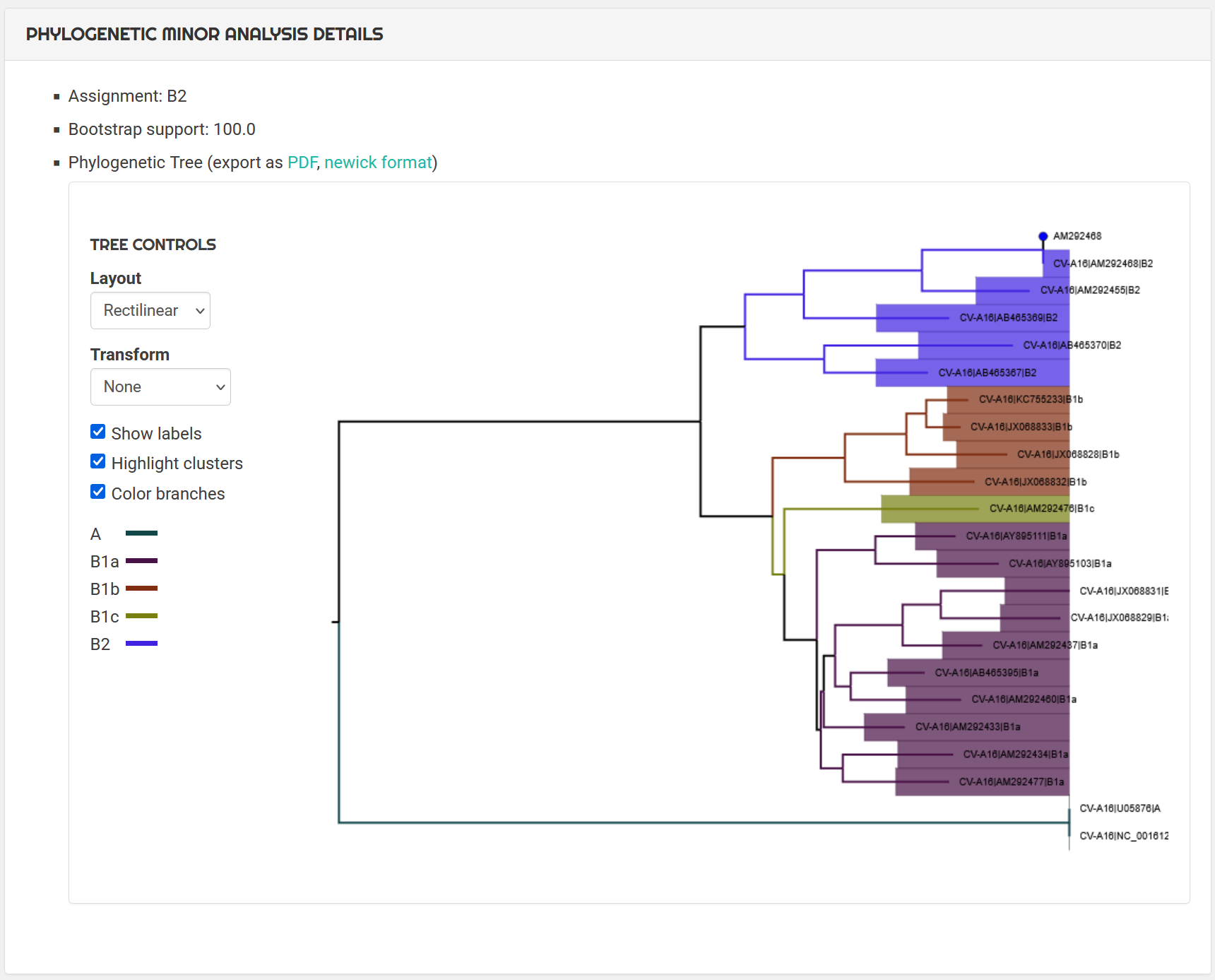 Phylogenetic tree visualization from Genome Detective